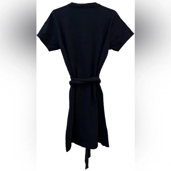 Vince Short Sleeve Cinched Tie Waist T-Shirt Dress Sz Medium Black Knee Length - Picture 4 of 7